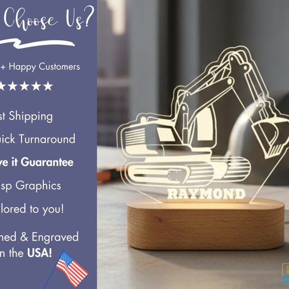 Personalized Excavator Night Light – Custom LED Construction Lamp - Picture 4 of 8